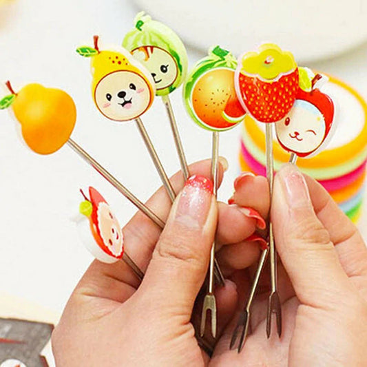 Cute Set of 6 Fruit Forks with Holder Stainless Steel Food Pick Forks for Kids Home (Mix Cartoon)