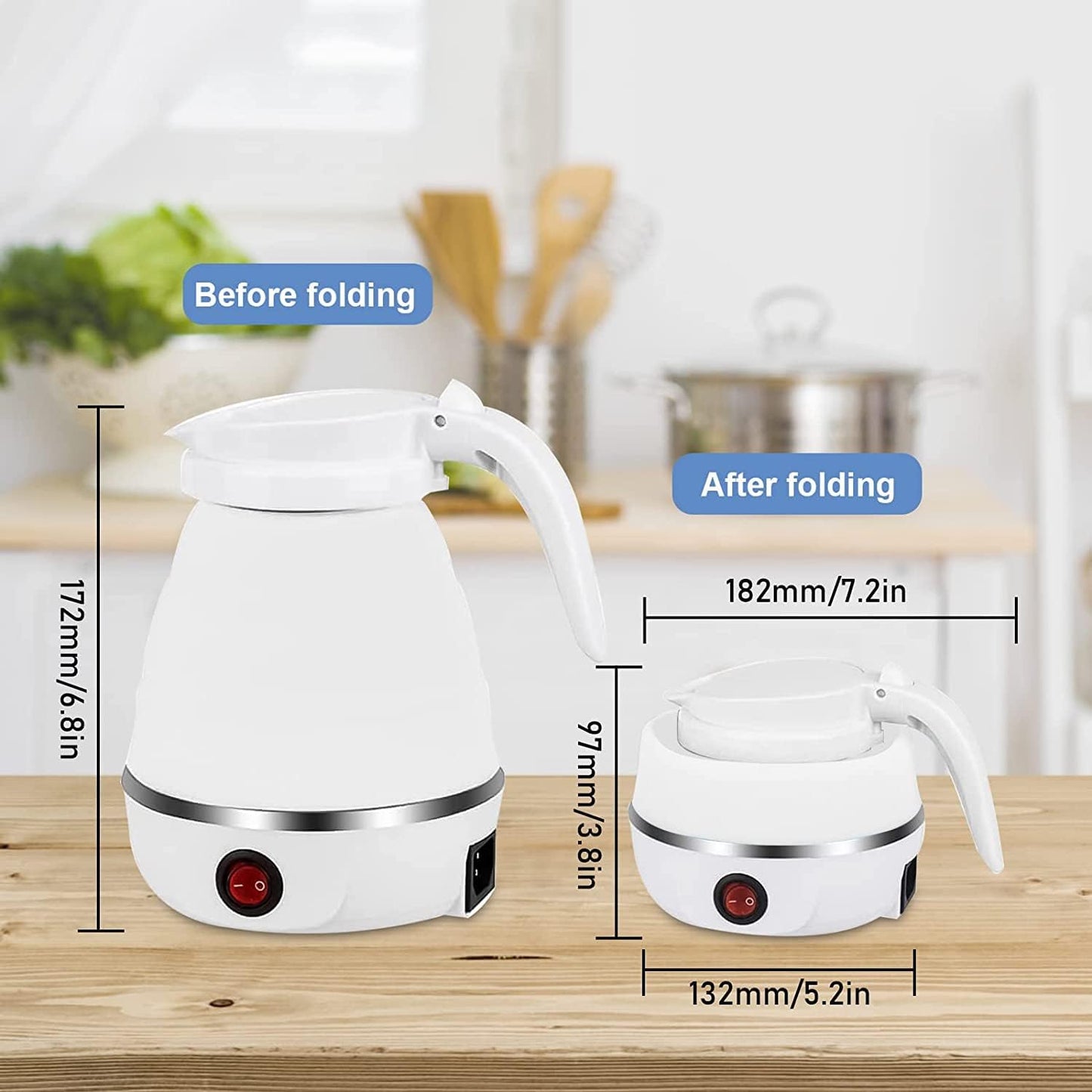 Foldable Kettle, 600ml Camping Kettle, Portable Food Grade Silicone Electric Kettle, Electric Pressure Boiler, Ideal for Travel, Hiking, Indoor (White)